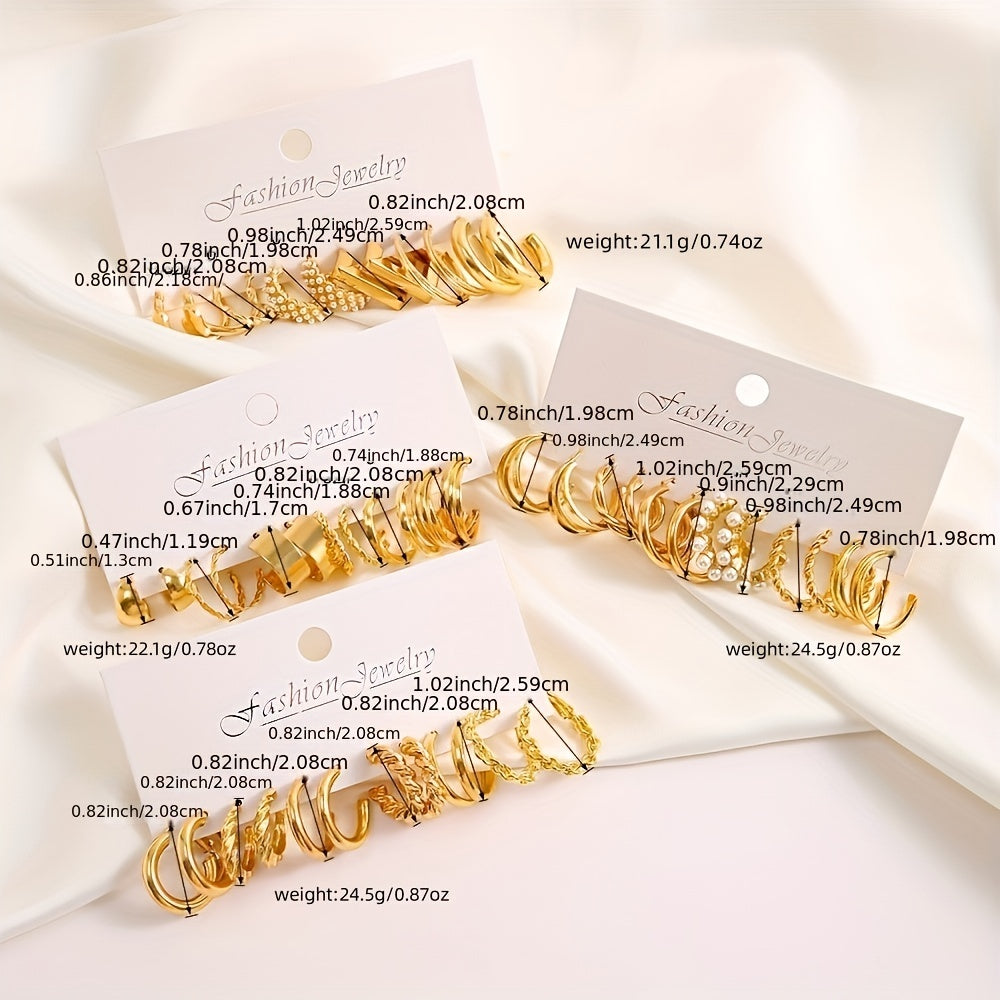 48 Pcs Of Delicate Hoop Earrings Alloy 18K Gold Plated Jewelry Vintage Elegant Style Large Set Earrings Gift For Women