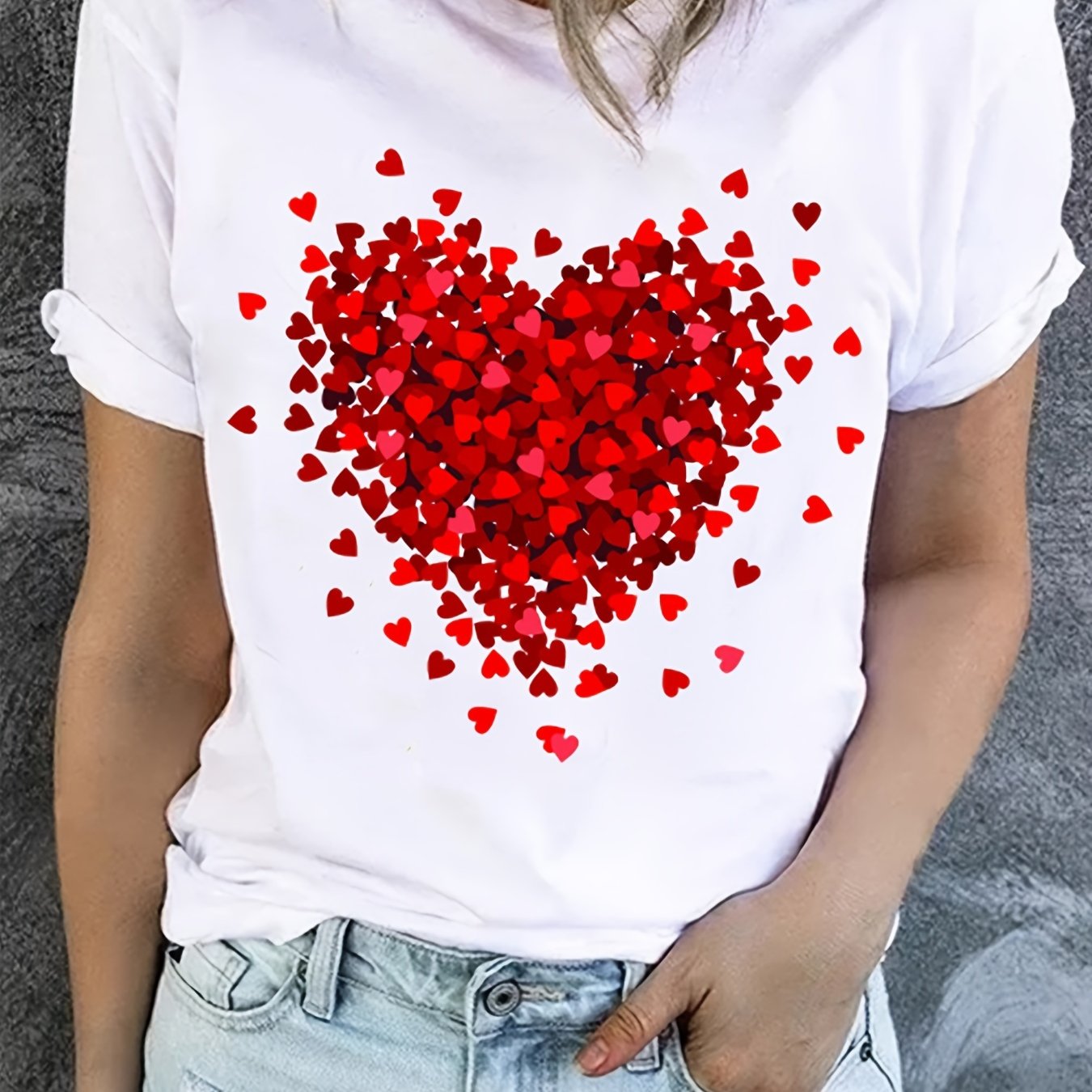 Heart Print T-Shirt For Valentine's Day Gifts, Crew Neck Short Sleeve T-Shirt, Casual Every Day Tops, Women's Clothing