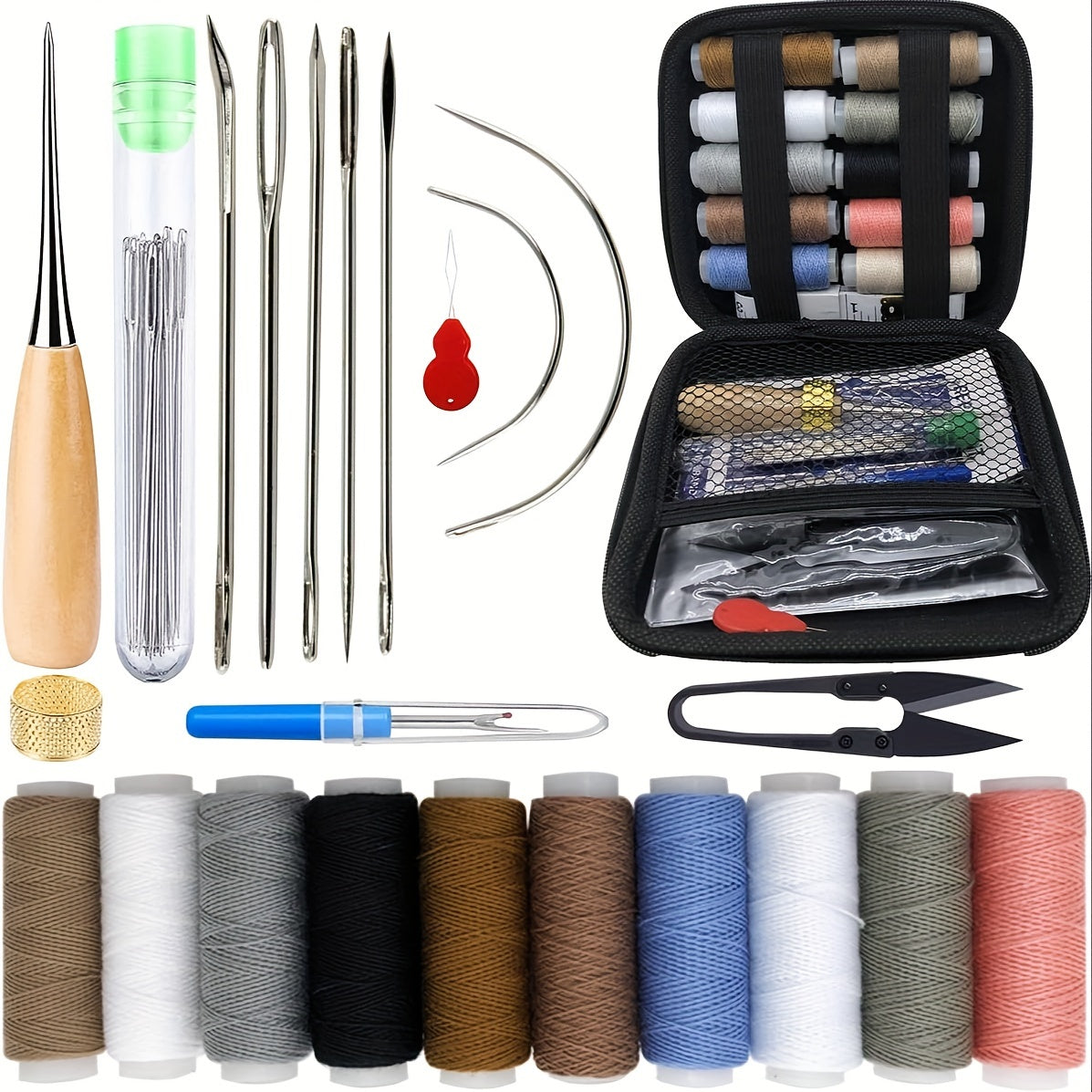 Kit de costura resistente 47pcs con el cono de costura, kit de costura de cuero, rasgador de la costura, agujas de coser de la mano de cuero, hilo de coser de DIY para el coche, sofá, mochila, zapatos, artes