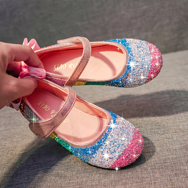 Girls Mary Jane Flats, Princess Dress Shoes With Sequins & Bows Decor