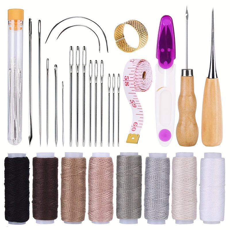 30pcs \ u002Fset Kit de restauración de tapicería, Kit de restauración de costura de cuero con hilo de coser, agujas de coser de cuero Big Eye, punzón, agujas de coser a mano de cuero, kit de herramientas de artesanía de cuero para restauración de cuero, 