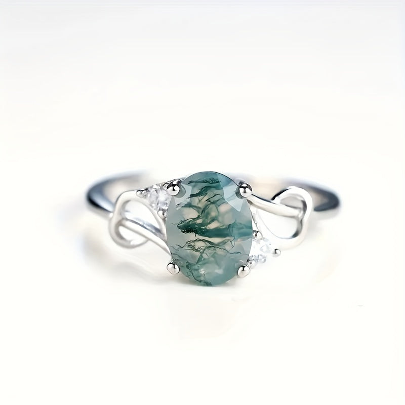 925 Sterling Silver Ring Inlaid Moss Agate In Egg Shape High Quality Jewelry Match Daily Outfits Party Accessory ( Grain Of Stone May Differ From One Another )