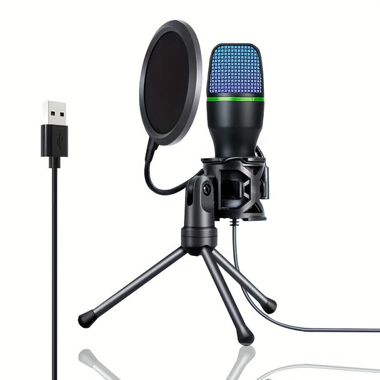 Microphone USB pour l&#39;enregistrement et le streaming sur PC et Mac, filtre anti-pop pour le streaming multimédia, podcasts, enregistrement vocal, compatible avec ordinateur portable de bureau Windows PC Type-C, micro avec modes RVB, MF-56