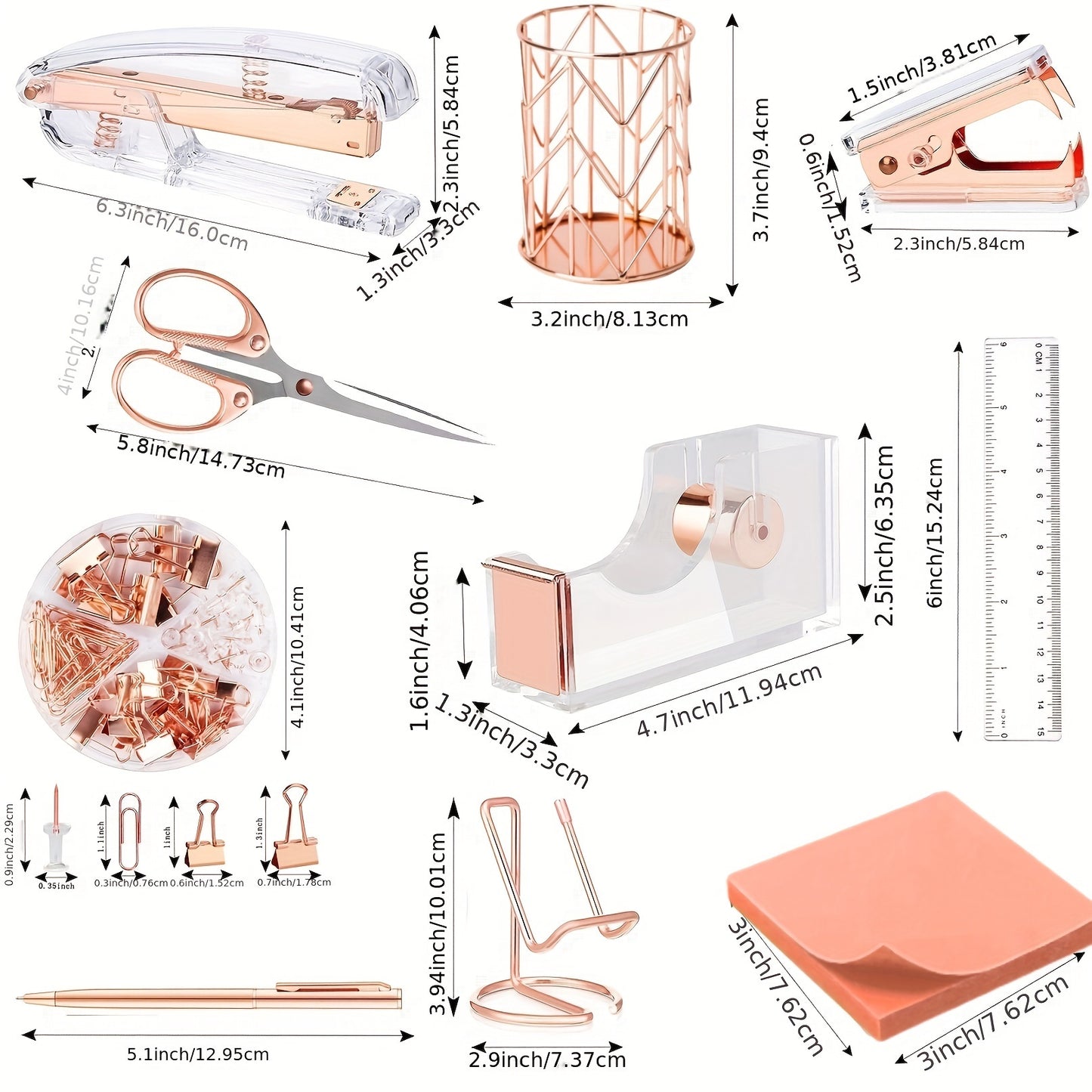 Rose Golden Desk Accessories, Acrylic Stapler, Staples Remover, Tape Holder, Pen Holder, Ballpoint Pen, Scissors, Binder, Staples, Phone Holder, Ruler, Clear Glue And Notes