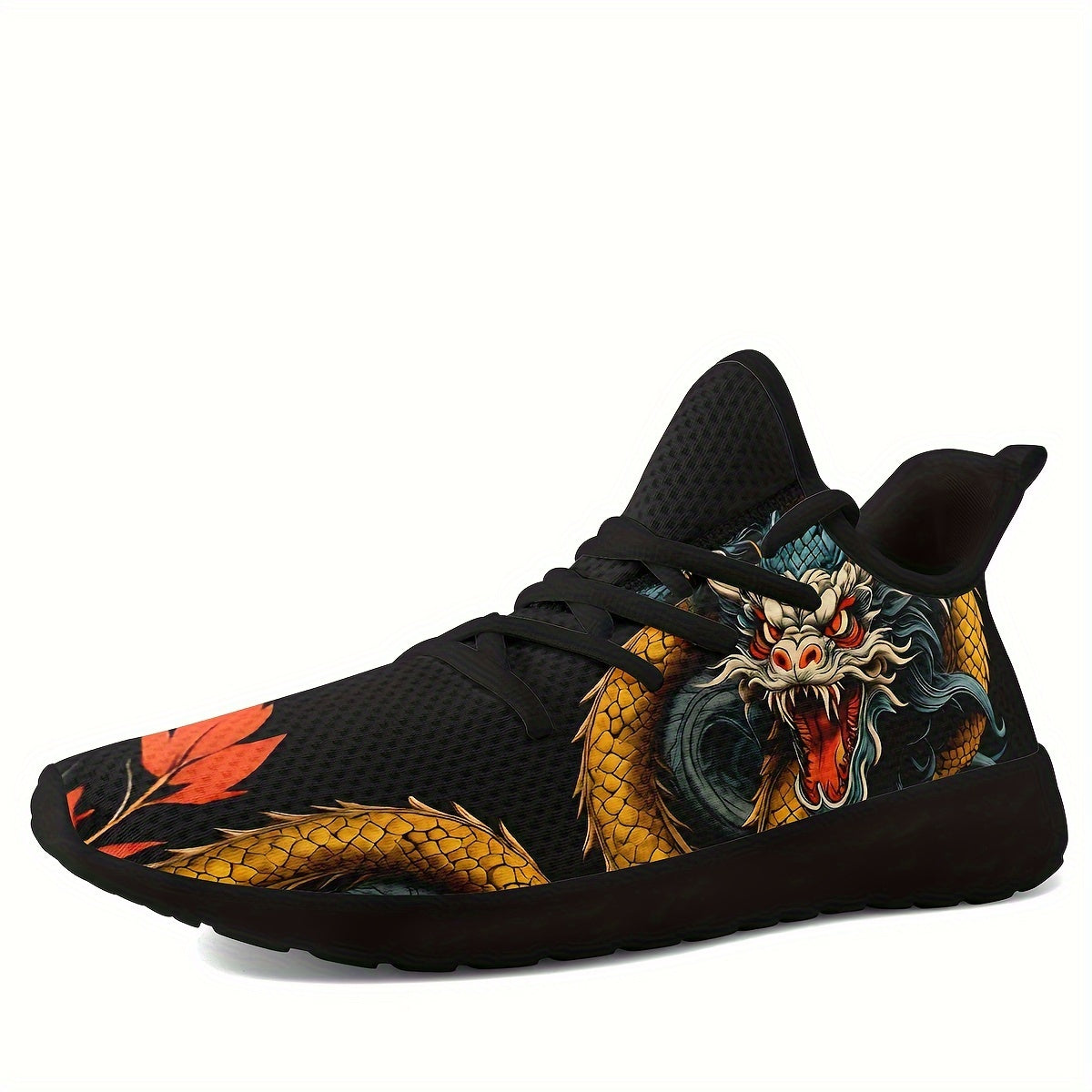 Men's Chinese Dragon Graphic Design Knit Breathable Running Shoes, Comfy Soft Sole Shock Absorption Lace Up Sneakers