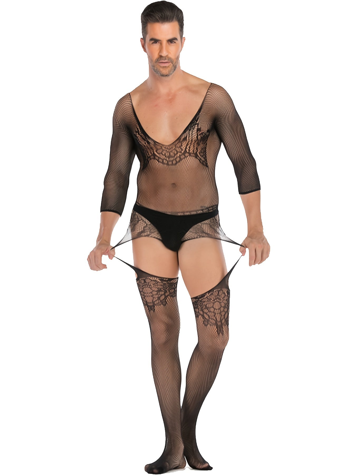 No Panties, Men's Sexy Fishnet One-Piece Sheer Costumes, Bodysuit & Stockings For Nightwear, Underwear For Gay, Men's Exotic Apparel