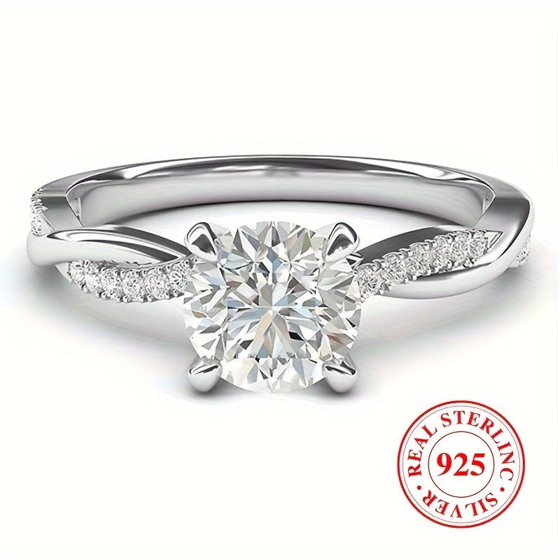 925 Sterling Silber Promise Ring Eingelegter glänzender Zirkonia Klassisches Solitaire Design Verlobung \ u002F Ehering Hochwertiger Schmuck