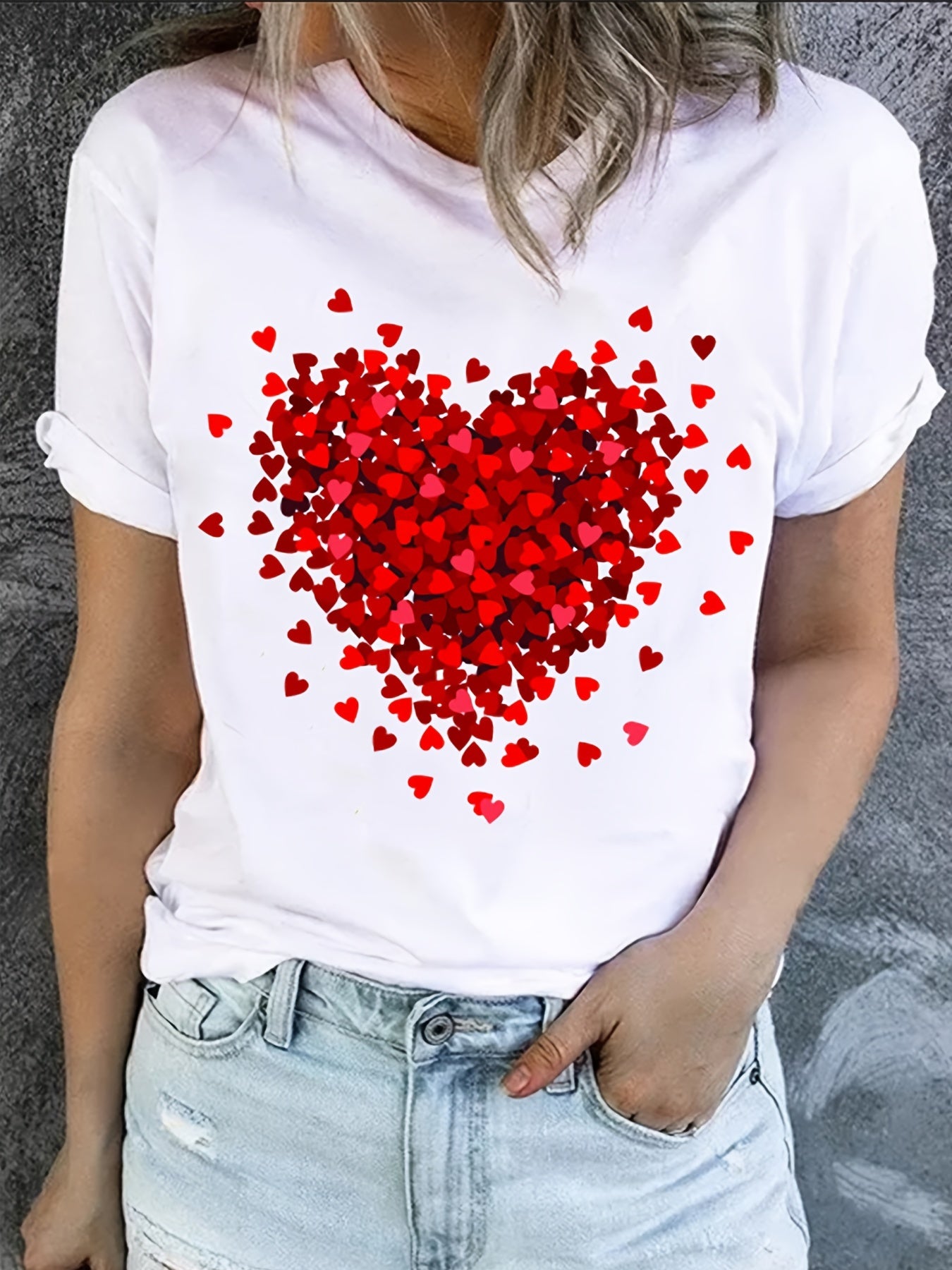 T-Shirt mit Herz druck für Geschenke zum Valentinstag, T-Shirt mit Rundhals ausschnitt, lässige Tops für jeden Tag, Damen bekleidung