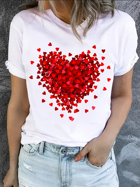 Heart Print T-Shirt For Valentine's Day Gifts, Crew Neck Short Sleeve T-Shirt, Casual Every Day Tops, Women's Clothing