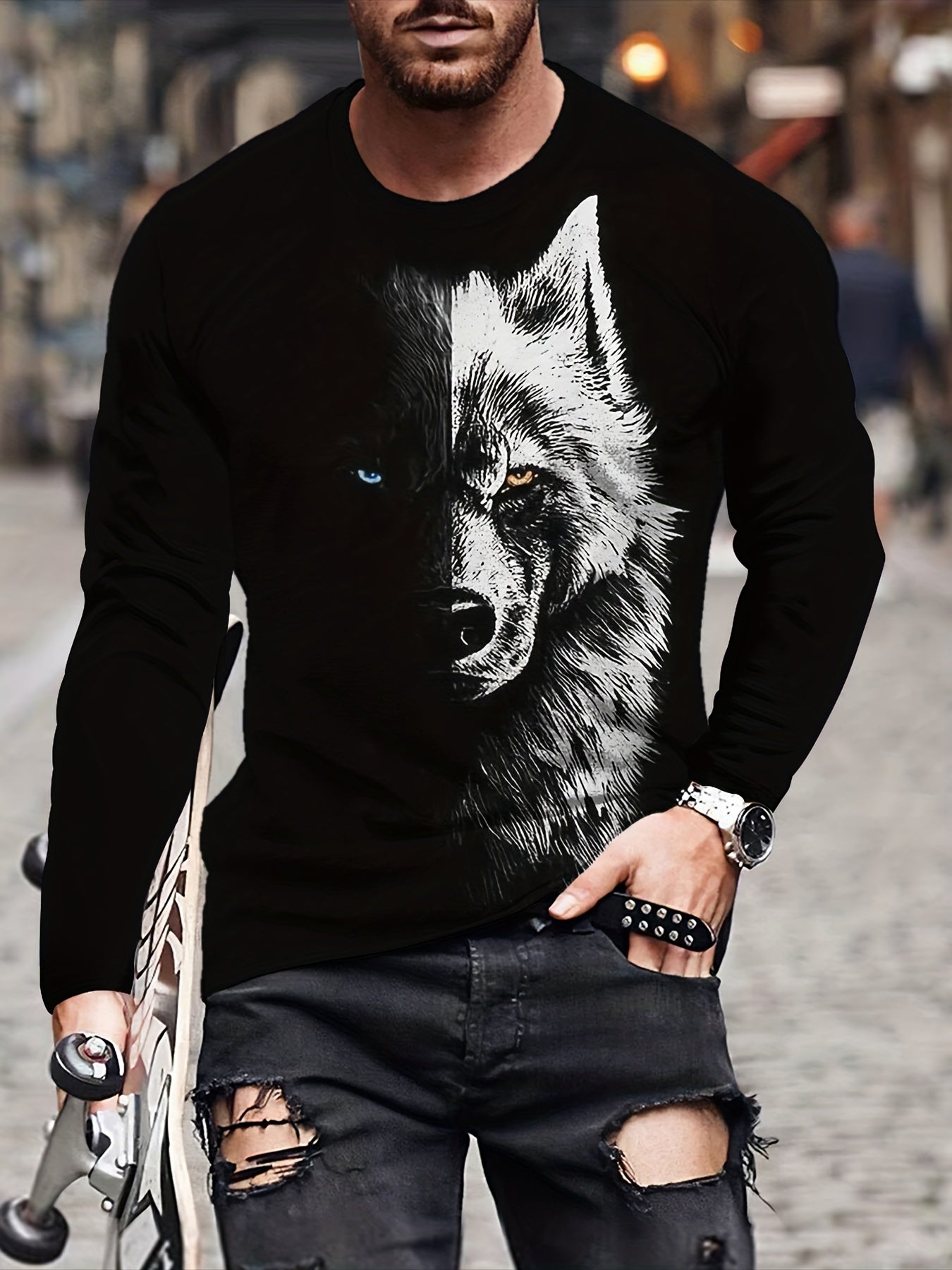 Splicing Wolf Face Hombre Moda Gráfico Camiseta Manga Larga, Primavera Otoño