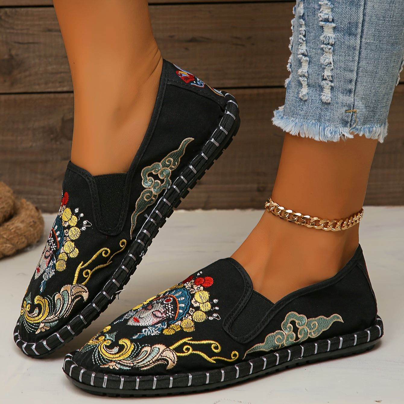 De las mujeres de China Peking Opera Bordado Planos, Casual Slip On Zapatos Tela Transpirable, Ligeros Low Top Planos