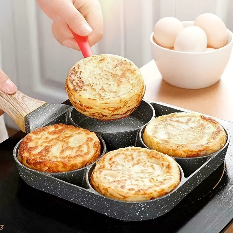 1pc Four-hole Fried Egg Pot, Household Non-stick Fry Pan For Egg, Non Stick Ham Pancake Maker, Egg Burger Pan With Wooden Handle