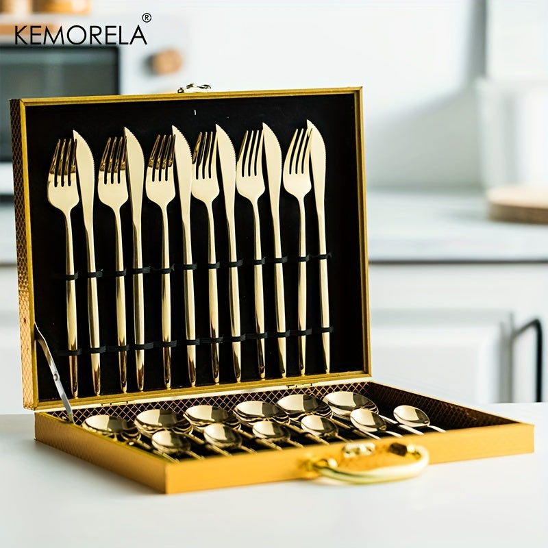 24pcs Elegant Tableware Set, Stainless Steel Mirror Polished Silverware Set, Golden \u002F Silvery Flatware Set With Gift Box, Wedding Dining Household Fork Spoon Knife Cutlery Set, Kitchen Accessories