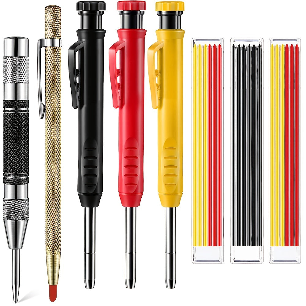 3 crayons de charpentier mécanique avec aiguiseur et 18 recharges pour le travail du bois de construction Allsome 1 Set Crayons de charpentier avec poinçon central automatique Scriber Outils de marquage