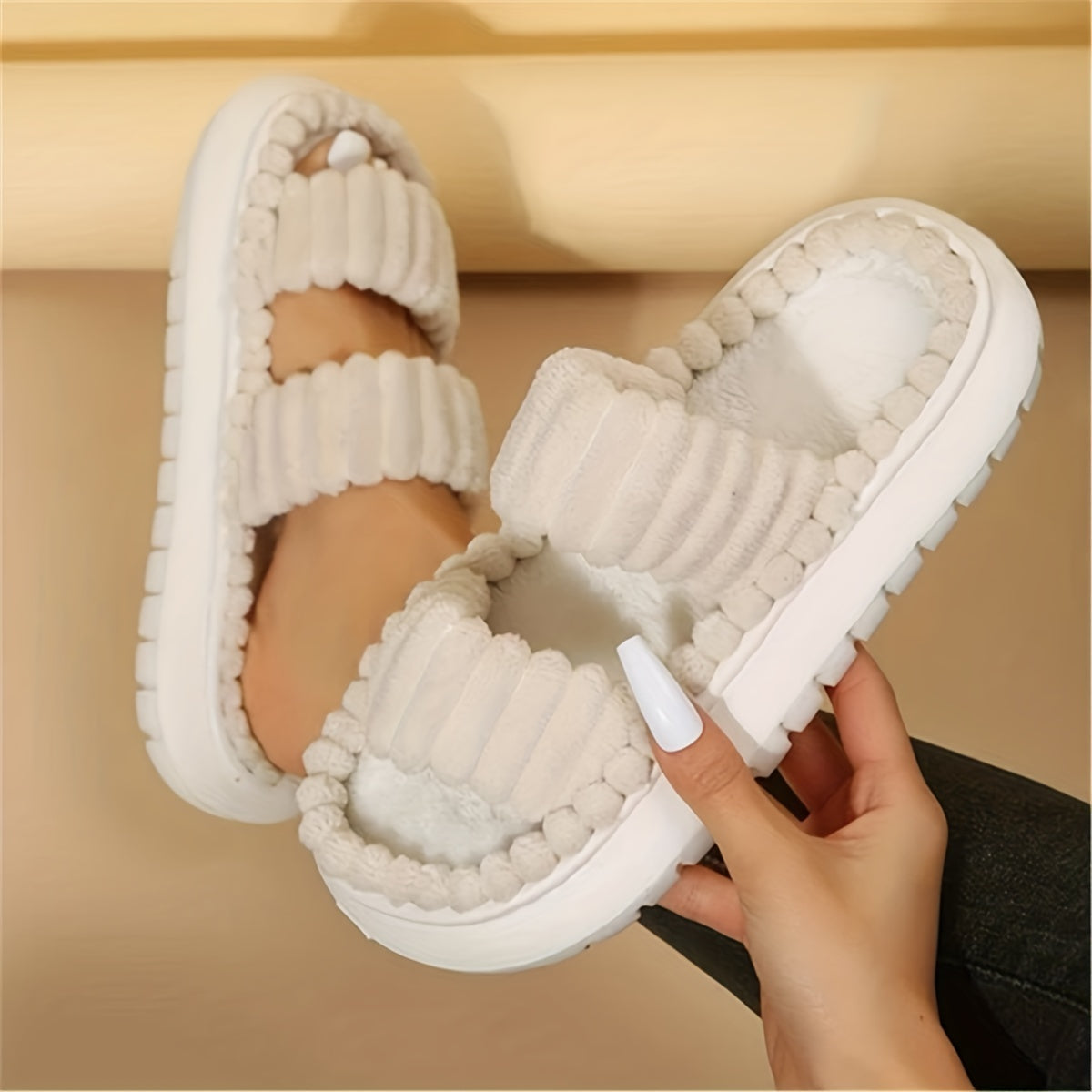 Women's Double Straps Plush Slippers, Solid Color Open Toe Non Slip Comfy Slides Shoes, Fashion Indoor Platform Slippers