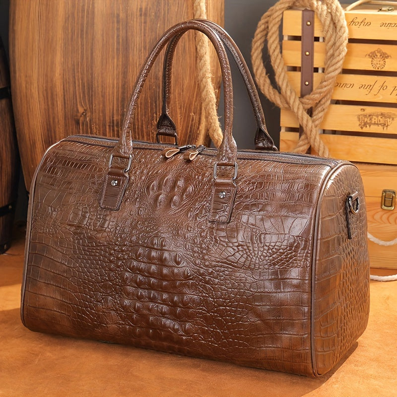 1pc Men's Crocodile Pattern Travel Bag, Casual Top Layer Cowhide Traveling Large Bag