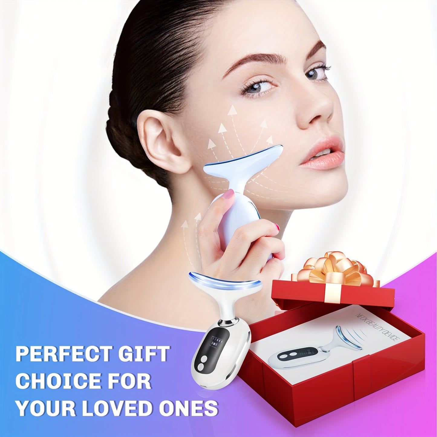 Neck Beauty Instrument, Triple Colour Light Face & Neck Massage Beauty Instrument USB Rechargeable, White, Gift For Women