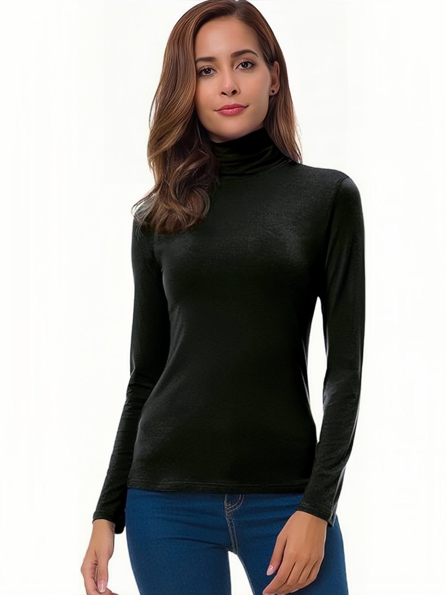 Solid 4 Packs T-shirt, Casual Long Sleeve Turtleneck T-shirt For Spring & Fall, Women's Clothing