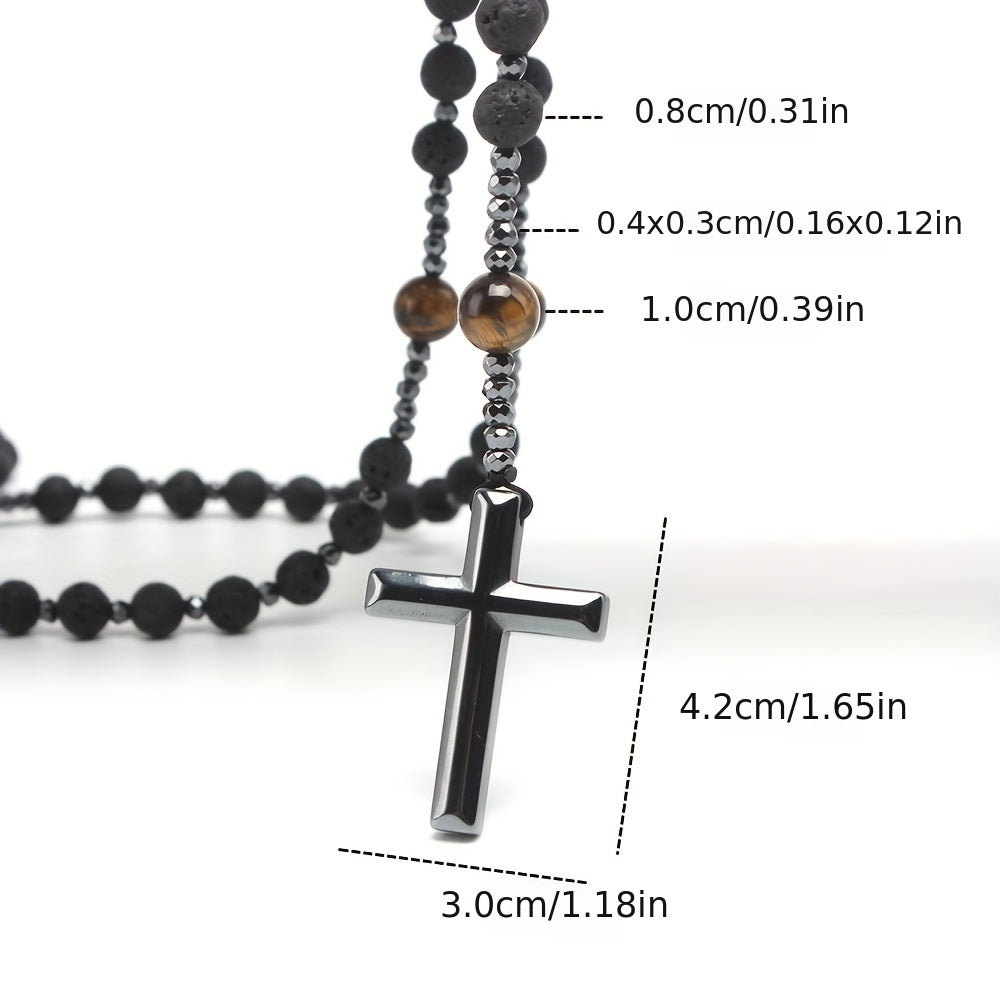 1pc 8mm Black Volcanic Rock 10mm Yellow Tiger Eye Black Gallstone Cross Religious Necklace