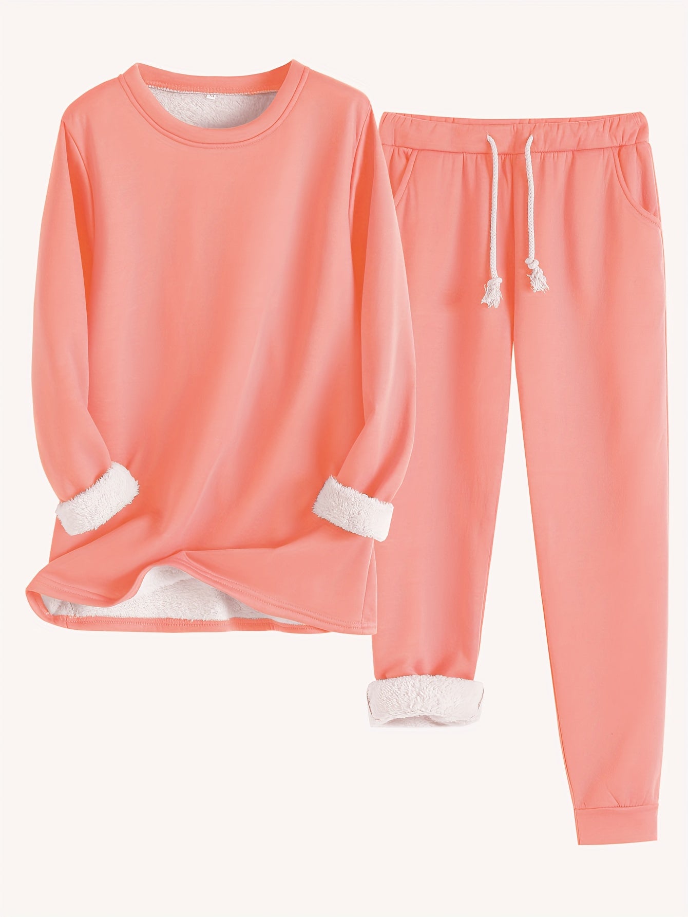 Zweiteiliges Set mit Rundhals ausschnitt Langarm Sweatshirt und Kordel zug hose lässig solide, zweiteiliges Set, Damen bekleidung