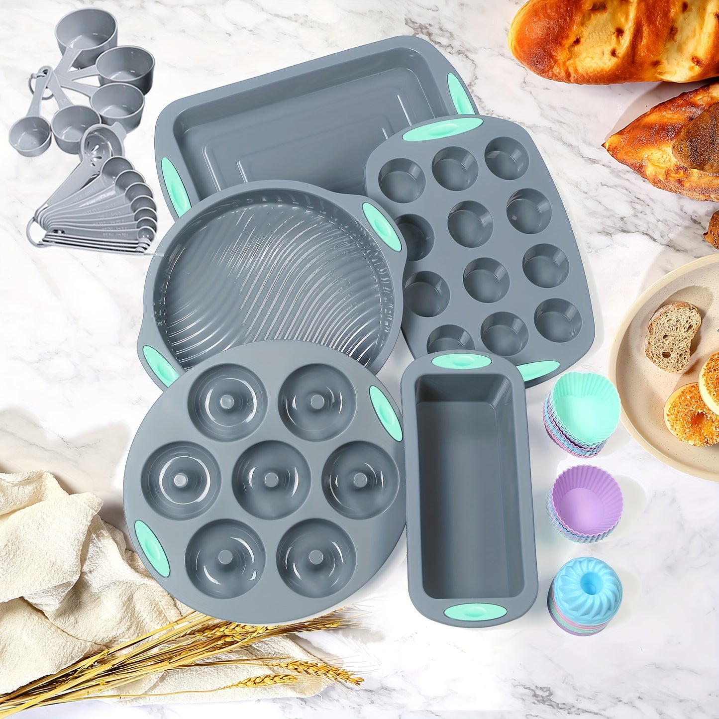 45pcs \ u002Fset, juego de hornear de silicona, juego de utensilios para hornear antiadherente para hornear hojas de galletas para pasteles Muffin Pan, Pan, Cake Pan, Pizza Pan, Mini Cupcake Mold, Bundt Pan, Charlotte Cake Pan, taza de medir y cuchara, he