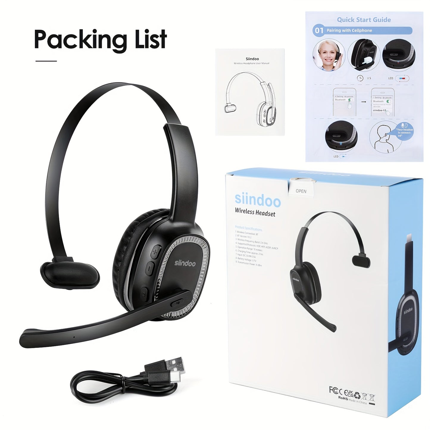 Trucker Wireless Headset With Noise Cancelling Mic For Phones PC, Wireless ENC Noise Canceling Headset Microphone, Call Center Headphone