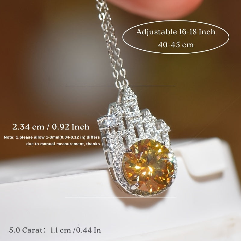 5 Carat Round Cut Yellow Moissanite Castle Pendant,925 Sterling Silver Pendant,Stylish And Minimalist Pendant,Daily Wear, Couple Jewelry, Anniversary Gift, Birthday Gift