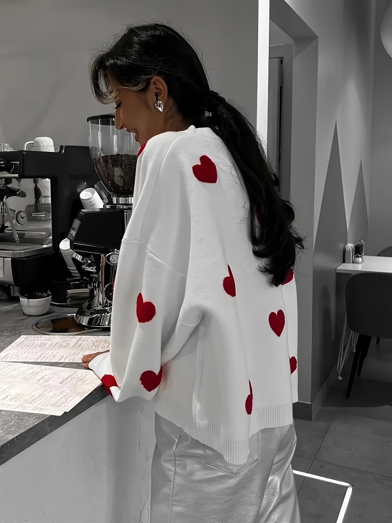 Valentine's Day Heart Pattern Sweater, Casual Long Sleeve Drop Shoulder Sweater, Women's Clothing