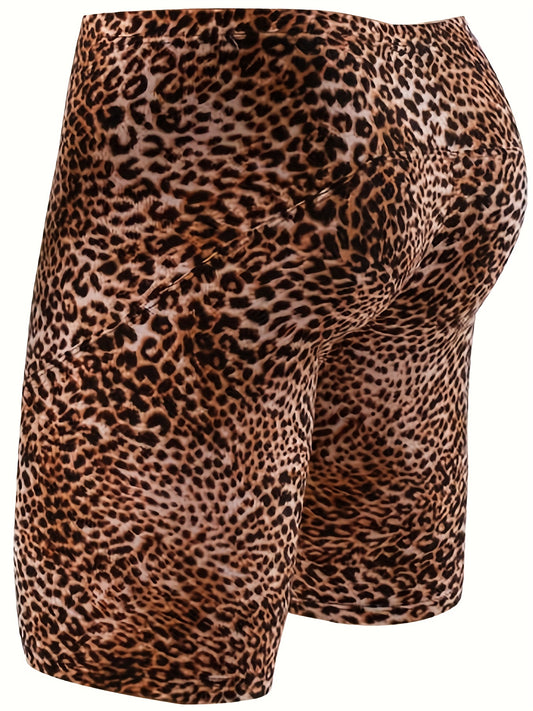 Men's Plus Size Loose Fit Fashion Leopard Print Breathable Comfortable Long Boxer Briefs Underwear Trunks
