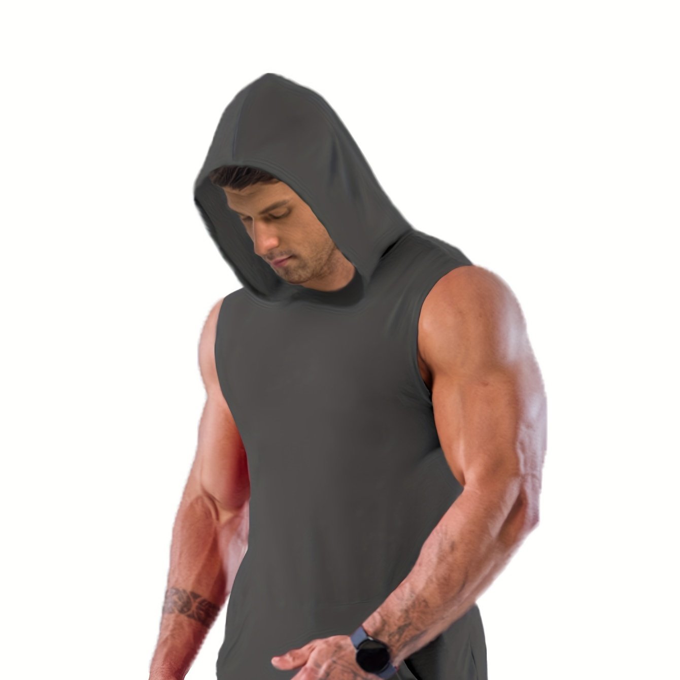 Plus Size Men's Solid Sleeveless Hoodies For Sports, Fashion Casual Hooded Tank Top For Summer, Men's Clothing