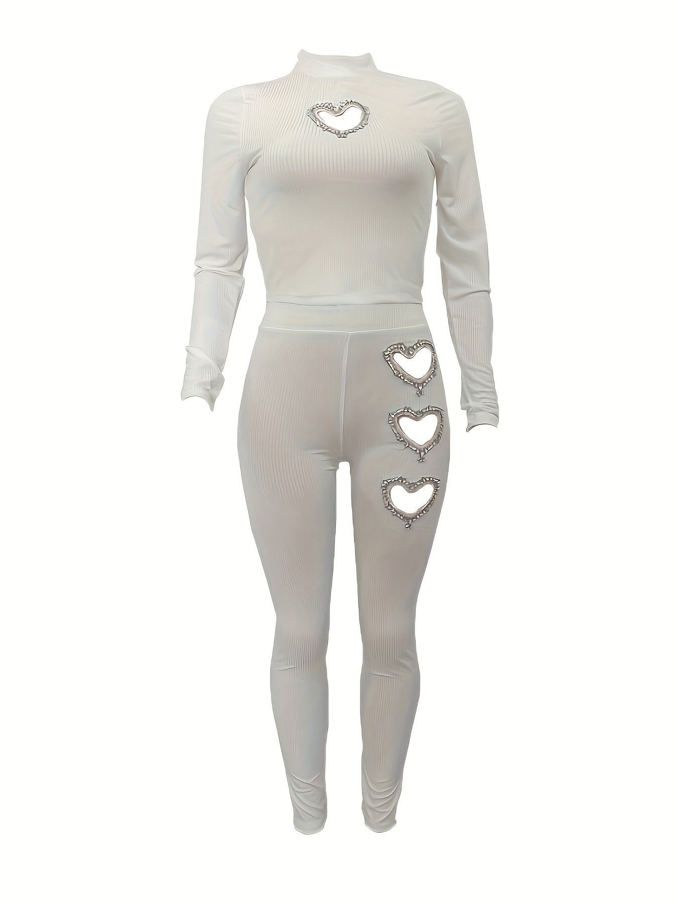 Heart Shaped Cut Out Two-piece Set, Mock Neck Long Sleeve Top & Slim Pants Outfits, Women's Clothing