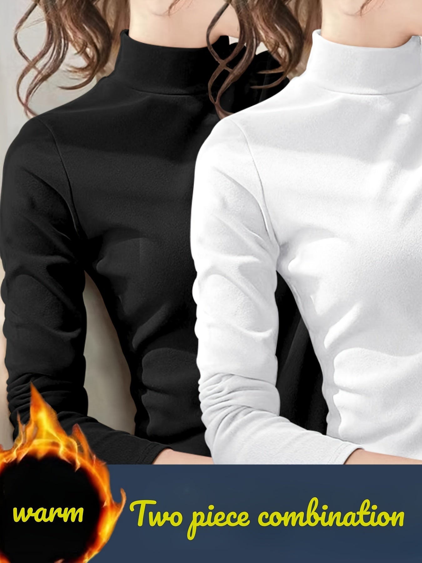 2pcs Mock Neck Thermal Underwear, Soft & Comfortable Long Sleeve Base Top, Women's Lingerie & Sleepwear