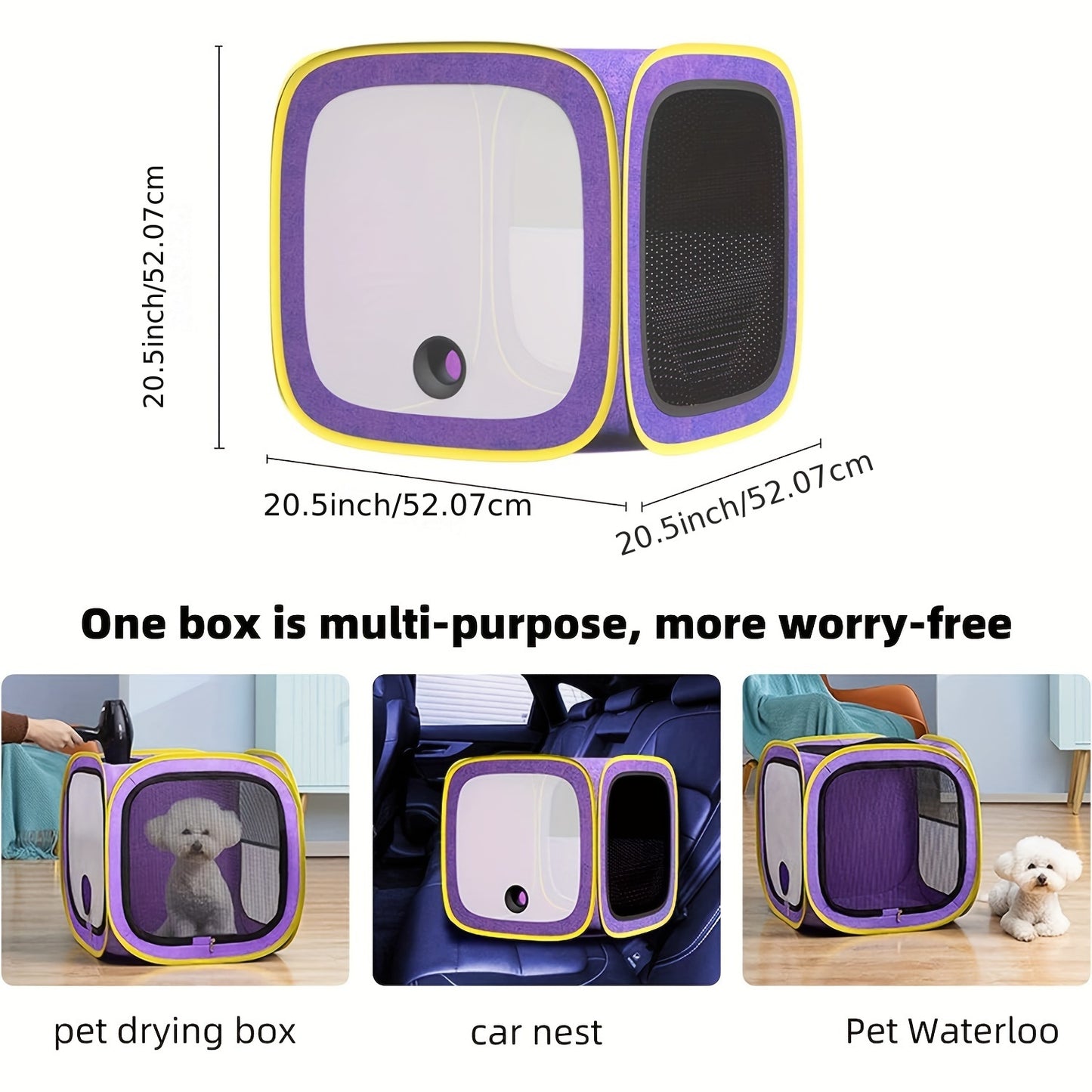 Boîte de séchage pour chien, Cage de sèche-cheveux portable pour animaux de compagnie, Boîte de séchage pliante pour chien, Boîte de séchage anti-cheveux pour chiens et chats de petite et moyenne taille