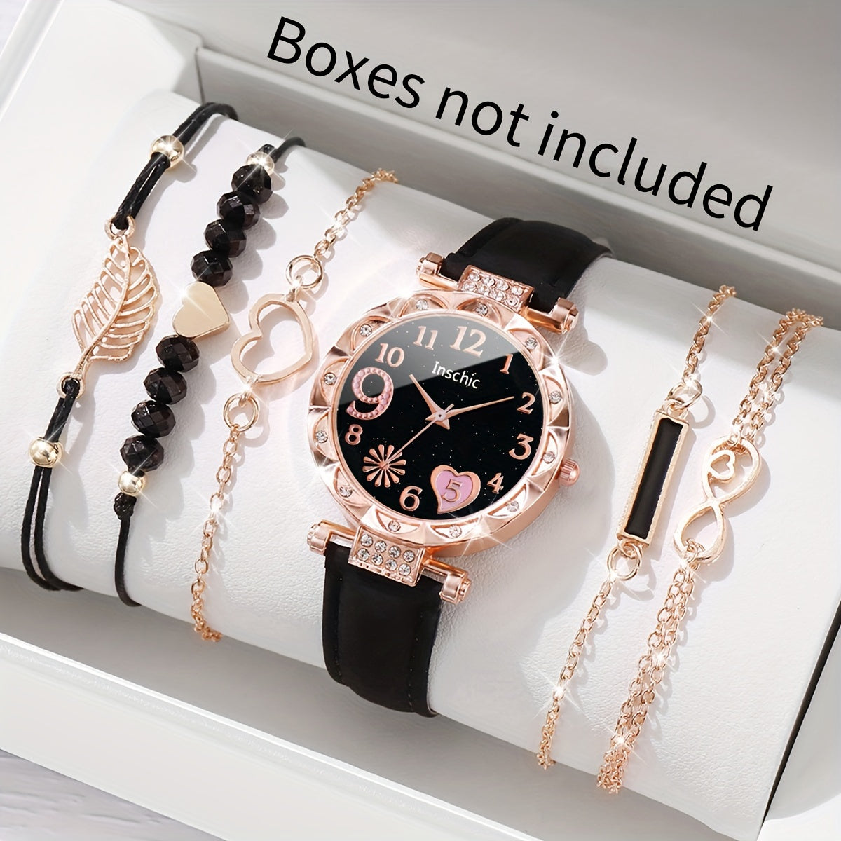 6pcs\u002Fset Women's Watch Cute Heart Firework Quartz Watch Elegant Rhinestone Analog Wrist Watch & Bracelets, Gift For Mom Her