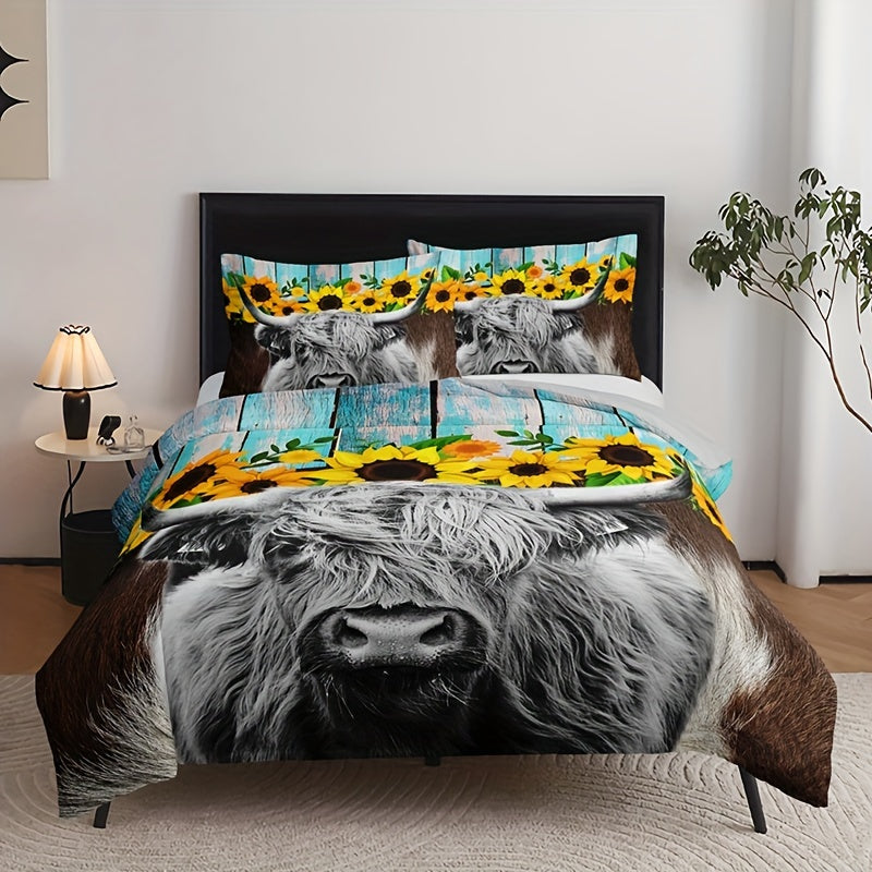 3pcs Soft and Comfortable Highland Cow Sunflower Print Duvet Cover Set for Bedroom and Guest Room - Includes 1 Duvet Cover and 2 Pillowcases (Core Not Included)