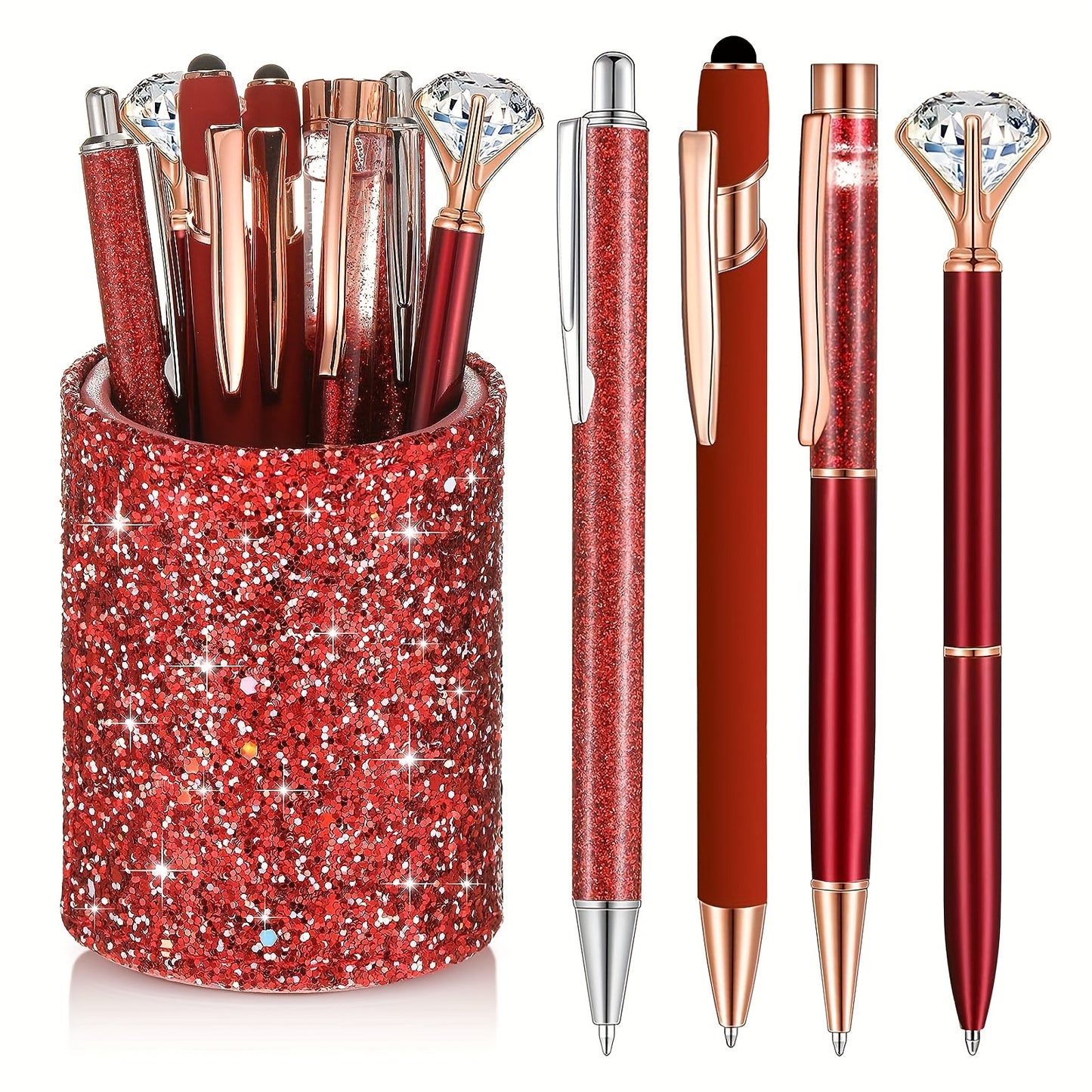 4 Stück Kugelschreiber mit Stift halter für Schreibtisch Metall Stift Glitzer Bleistift halter Fancy Stifte Schwarze Tinte Bling Schreibtisch Organizer für Frauen Mädchen Büro Schullehrer Geschenke