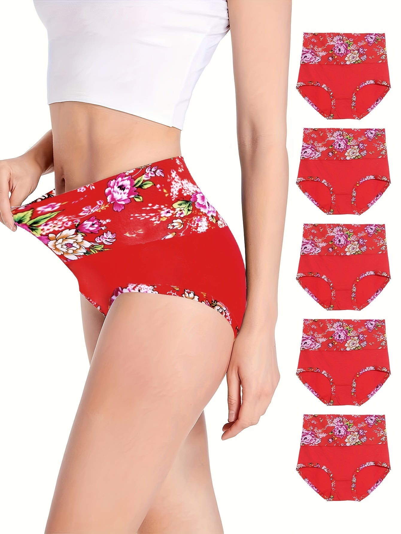 5pcs Floral Print Briefs, Comfy & Breathable Stretchy Intimates Panties, Women's Lingerie & Underwear