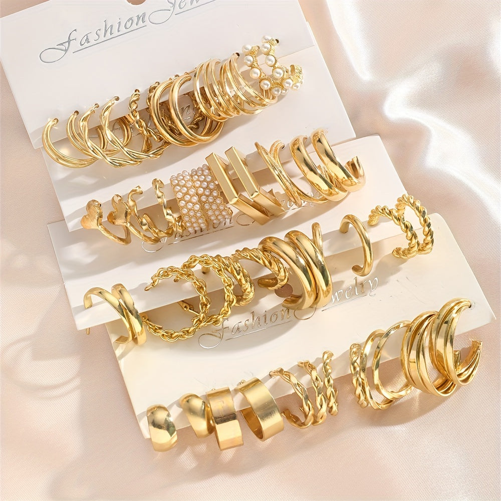 24 Pairs Golden Hoop Earrings Set With Faux Pearl Decor Sexy Simple Style Alloy Jewelry Delicate Female Gift