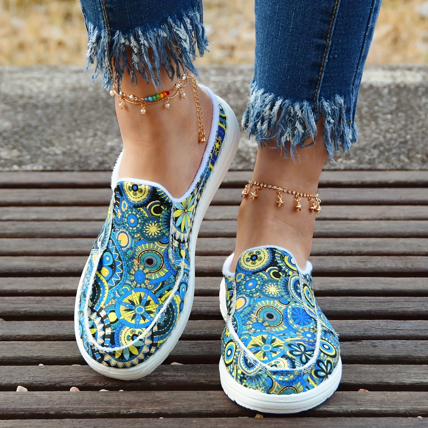 Women's Colorful Floral Print Canvas Shoes, Fashion Slip On Flat Backless Loafers, Casual Walking Shoes