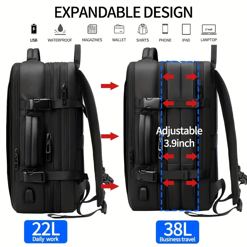 Expandable Travel Business Laptop Men's Backpack, Large Capacity Waterproof With External USB Charging Port Commuter Backpack