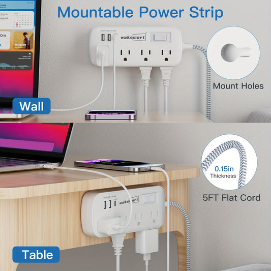 Flat Plug Surge Protector Power Strip, 5 Ft Braided Flat Extension Cord With 3 USB Charger(1 USB C), 8 AC Outlets Compact Desk Charging Station Wall Mount For Office, School, Dorm