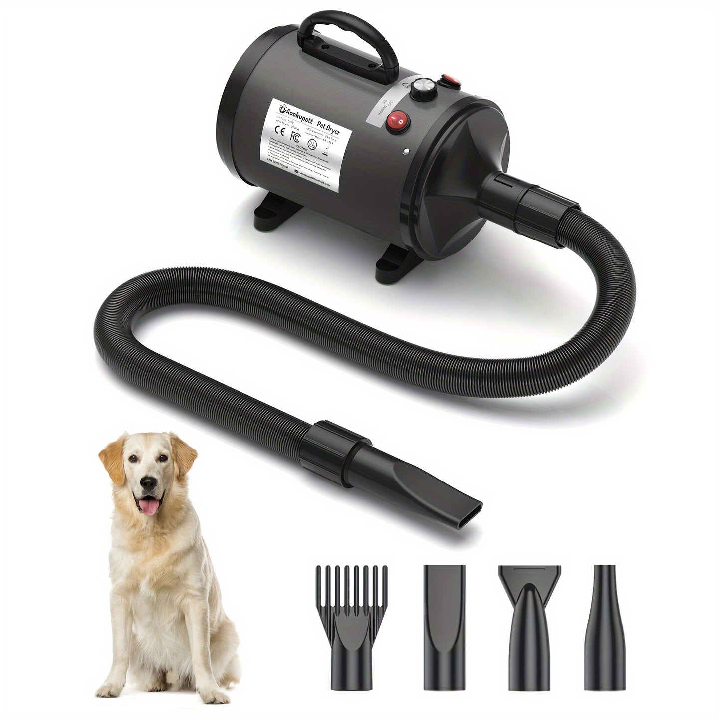 Aookupett Dog Dryer Pour Toilettage Chien Sèche-cheveux, 2800w \ u002F3.8HP Séchoir Haute Vitesse Pour Chiens, Séchoir à vitesse réglable en continu pour animaux de compagnie, Sèche-cheveux pour chien et chat avec chauffage, 4 buses, ménage