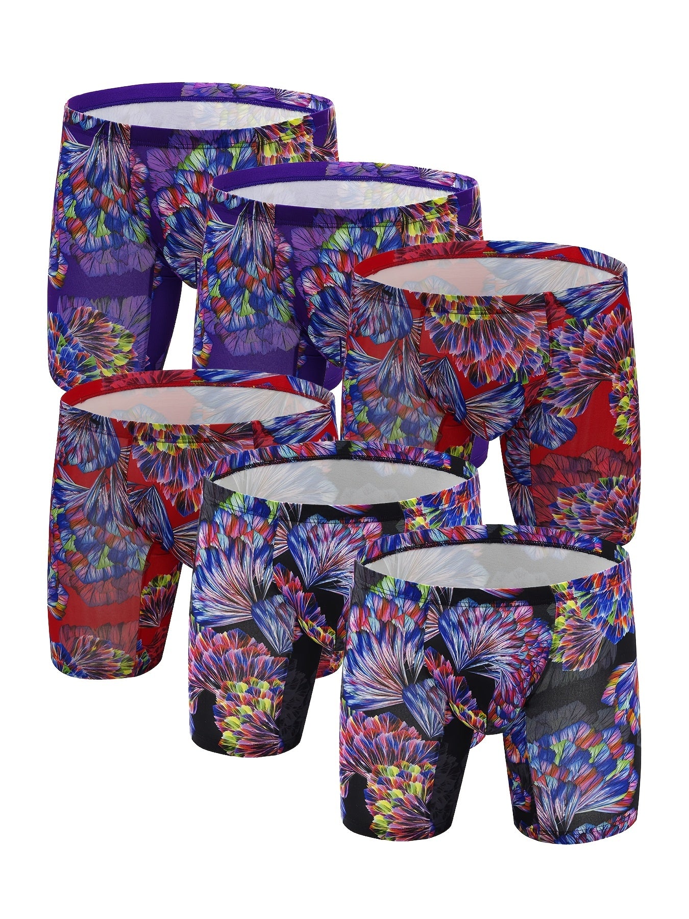 6 peças masculinas com padrão de flores, personalidade da moda, cuecas boxer de perna longa, respiráveis, confortáveis, de secagem rápida e elásticas, cuecas boxer em forma de U, calcinhas com bolsa convexa em forma de U, roupas íntimas masculinas