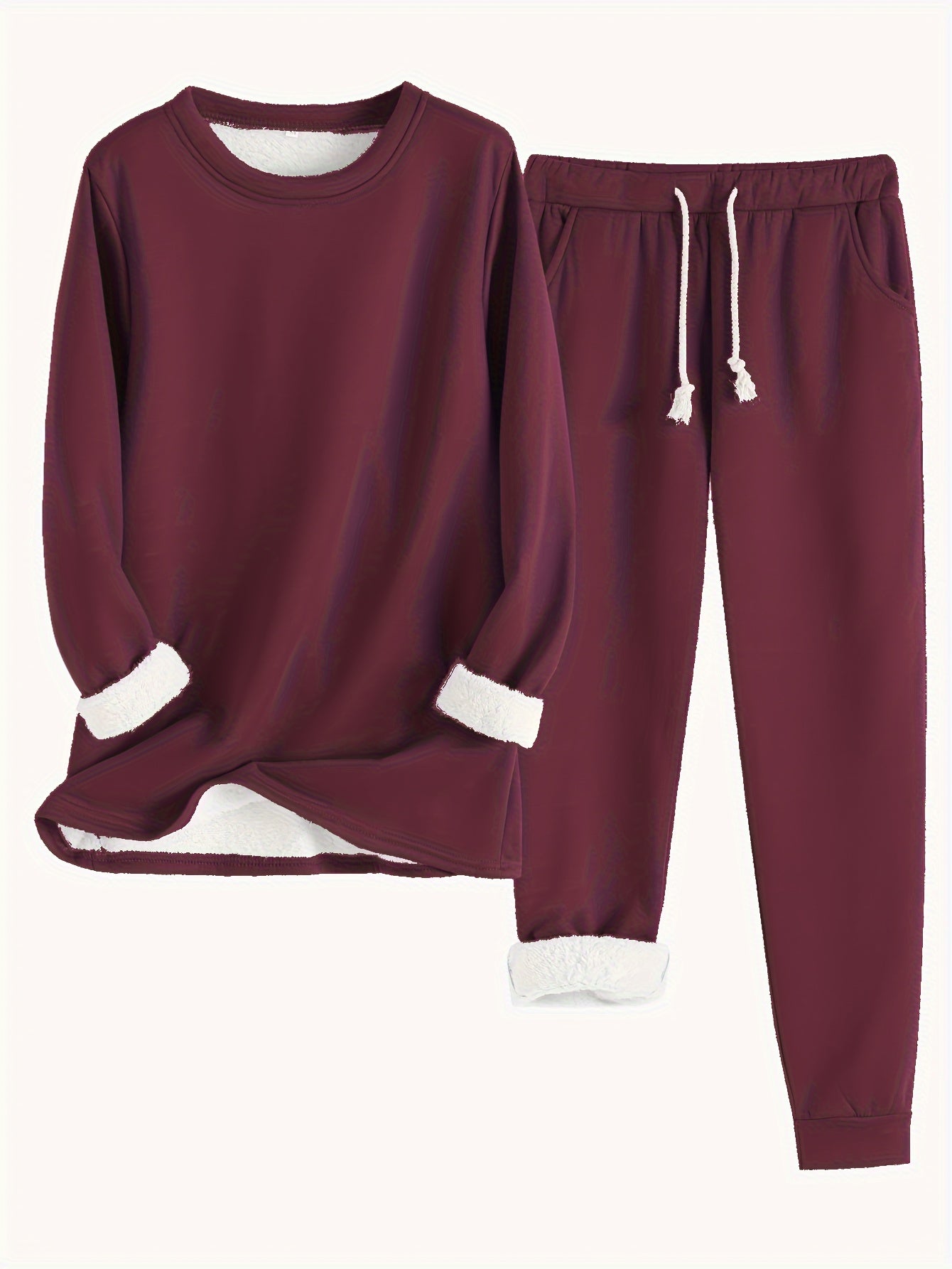 Zweiteiliges Set mit Rundhals ausschnitt Langarm Sweatshirt und Kordel zug hose lässig solide, zweiteiliges Set, Damen bekleidung