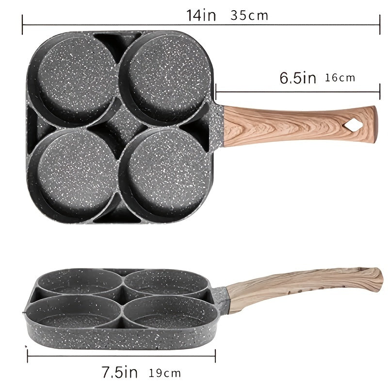 1pc Four-hole Fried Egg Pot, Household Non-stick Fry Pan For Egg, Non Stick Ham Pancake Maker, Egg Burger Pan With Wooden Handle