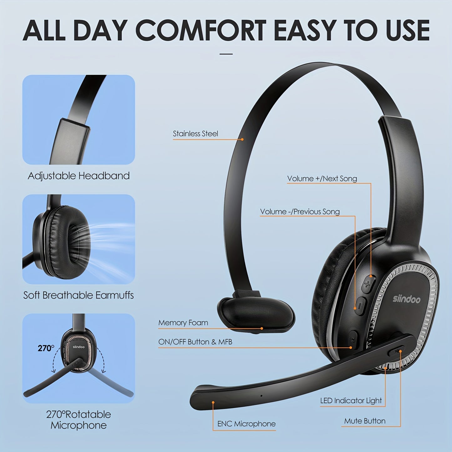 Trucker Wireless Headset With Noise Cancelling Mic For Phones PC, Wireless ENC Noise Canceling Headset Microphone, Call Center Headphone