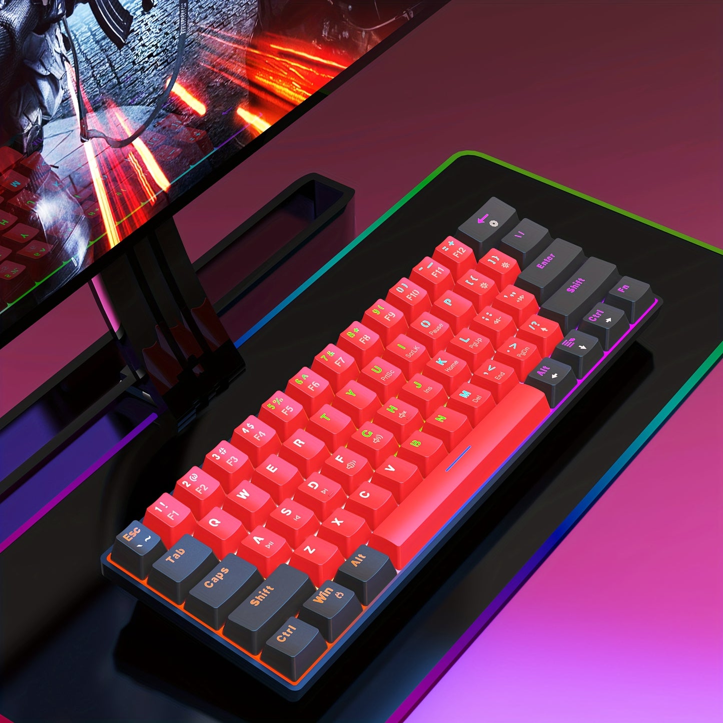 Teclado mecânico Snpurdiri 60% com fio, mini teclado para jogos com 61 teclas vermelhas para PC, Windows XP, Win 7, Win 10 (interruptores preto-vermelho, vermelhos)