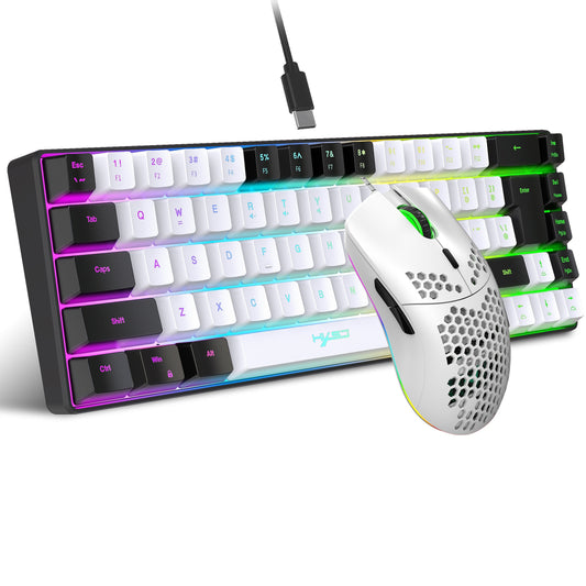 HXSJ- Black & White RGB Keyboard And Cellular Gaming Mouse, Compact 68-key Mini Wired Keyboard RGB Backlit 1000-6400 DPI Mouse, Keyboard And Mouse Gaming PS4 Xbox PC Laptop Mac