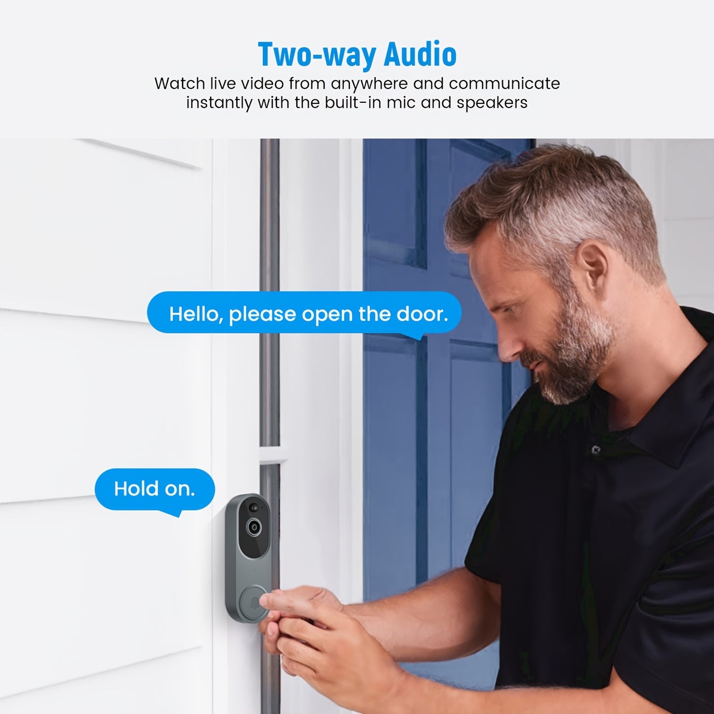 Wireless Smart 1080p AI Doorbell Camera with Chime, Two-Way Audio, AI Human Detection, Night Vision Outdoor Camera, IP65 Waterproof, Battery Rechargeable, 2.4Ghz Wifi, Real-time Alerts, Cloud Storage Service