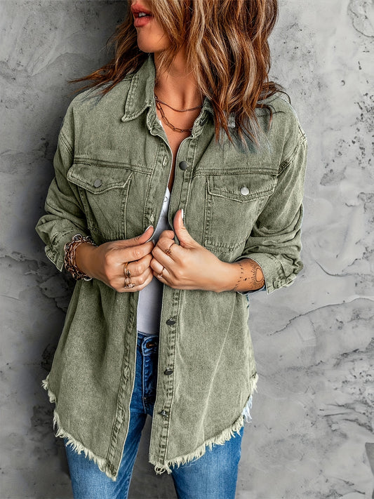 Frayed Hem Long Denim Jackets, Loose Fit Long Sleeves Versatile Lapel Denim Coats, Women's Denim Clothing